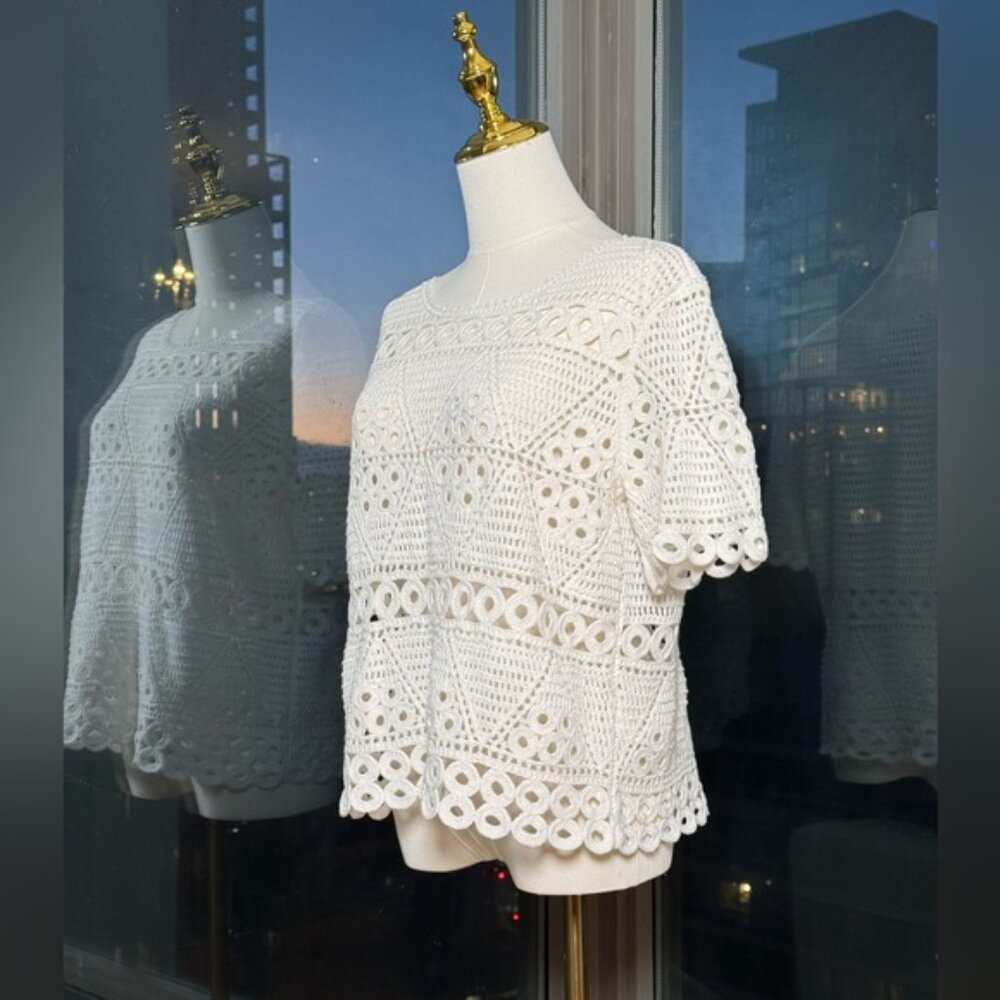 🆕 FARM Rio 🧿 NWT Crochet Sweater Tee, White, Sz M - Picture 6 of 13
